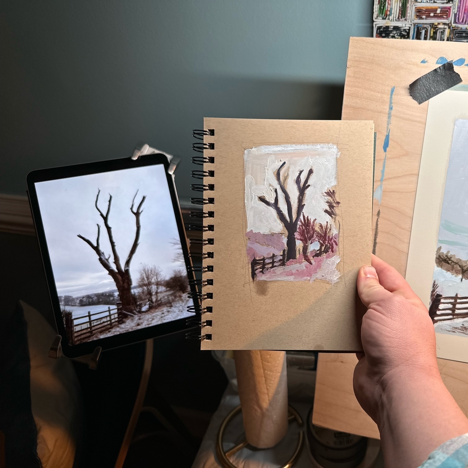 photo showing source image, sketch, and final painting of tree in snowy landscape
